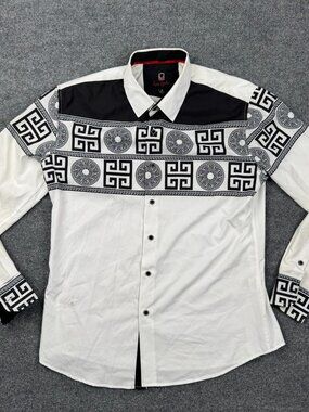 Vaquero Signature Men's Medusa Greek Key Print Shirt White Black Size M Modal